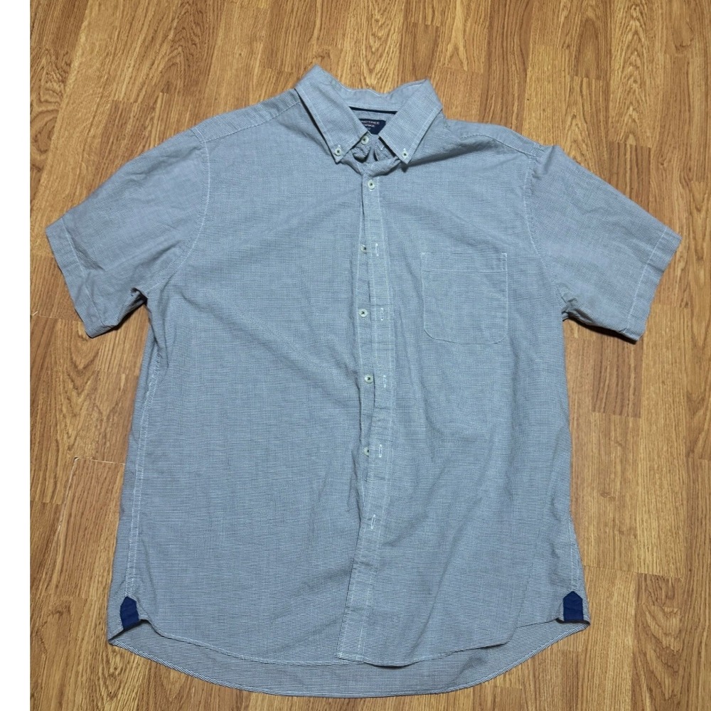 Roundtree & Yorke Mens XL Trim Fit Blue White Micro Check Short Sleeve Shirt